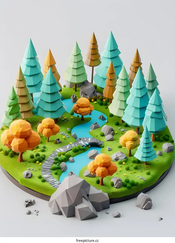 Low Poly Forest Scene with River and Bridge