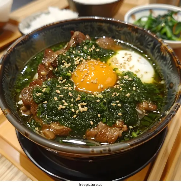 A Bowl of Japanese Noodles with Egg and Greens