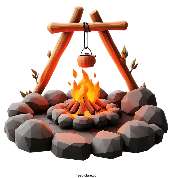 [Transparent Background PNG]Campfire Scene Illustration with Pot