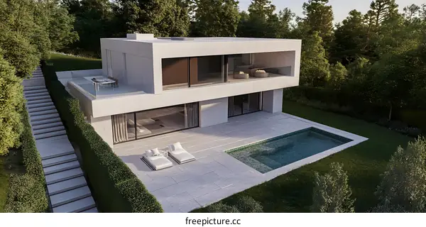 Modern House with Swimming Pool and Surrounding Trees