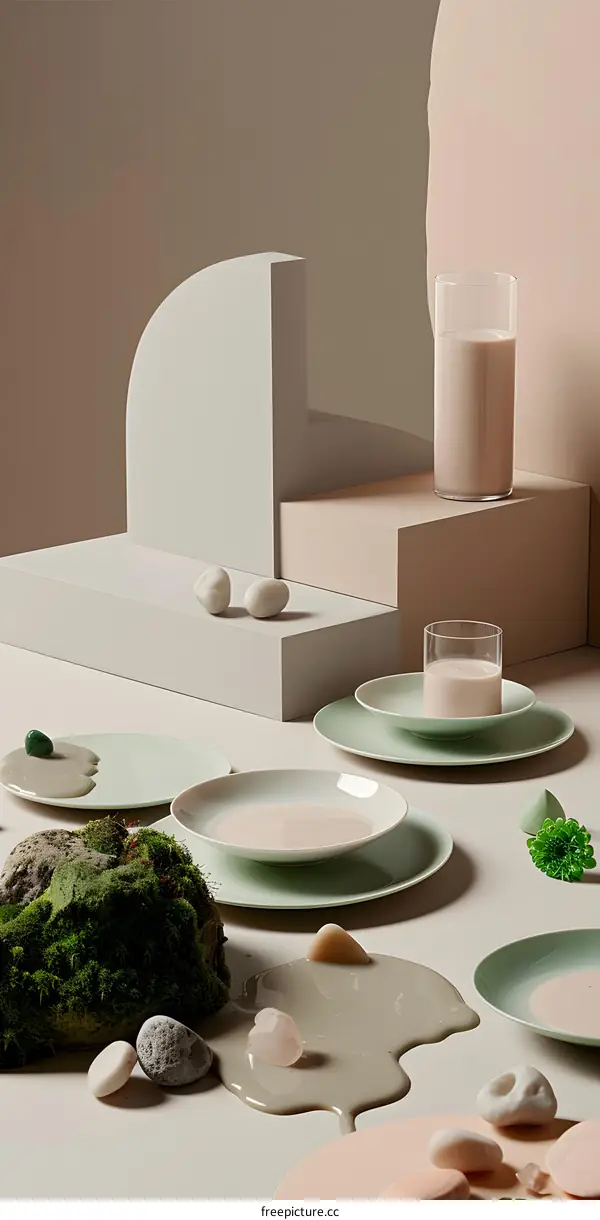 Minimalist Still Life Photography with Green Plates and White Stones