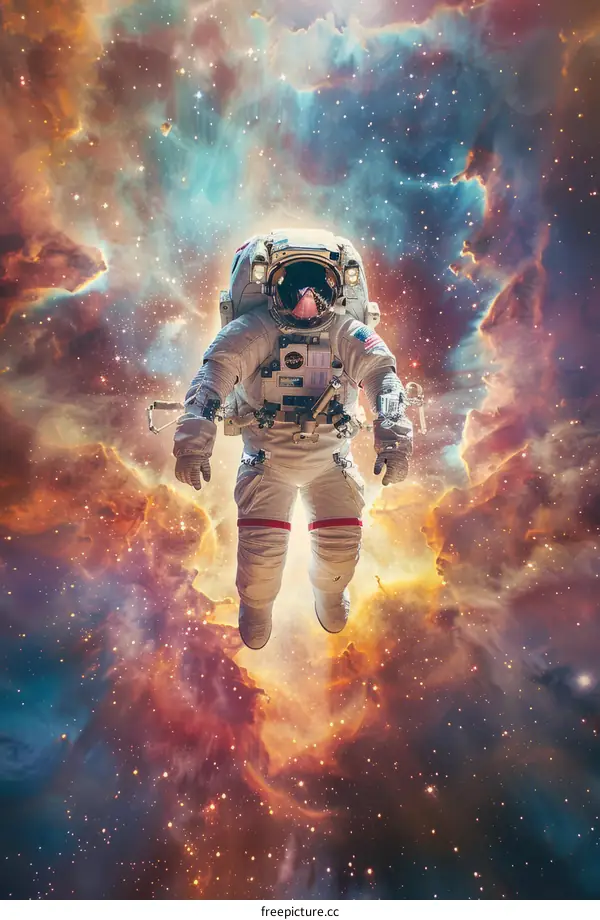 Astronaut in Colorful Nebula Performing Spacewalk