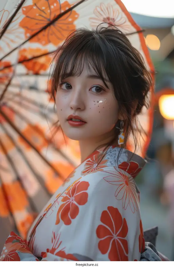 Asian Woman in Traditional Japanese Kimono Under a Paper Umbrella