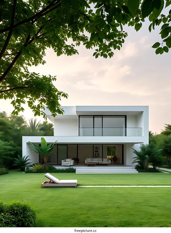 Modern White House with Green Lawn and Palm Trees