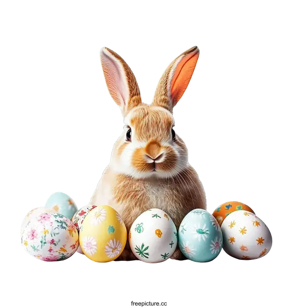 [Transparent Background PNG]Adorable Easter Bunny with Colorful Eggs