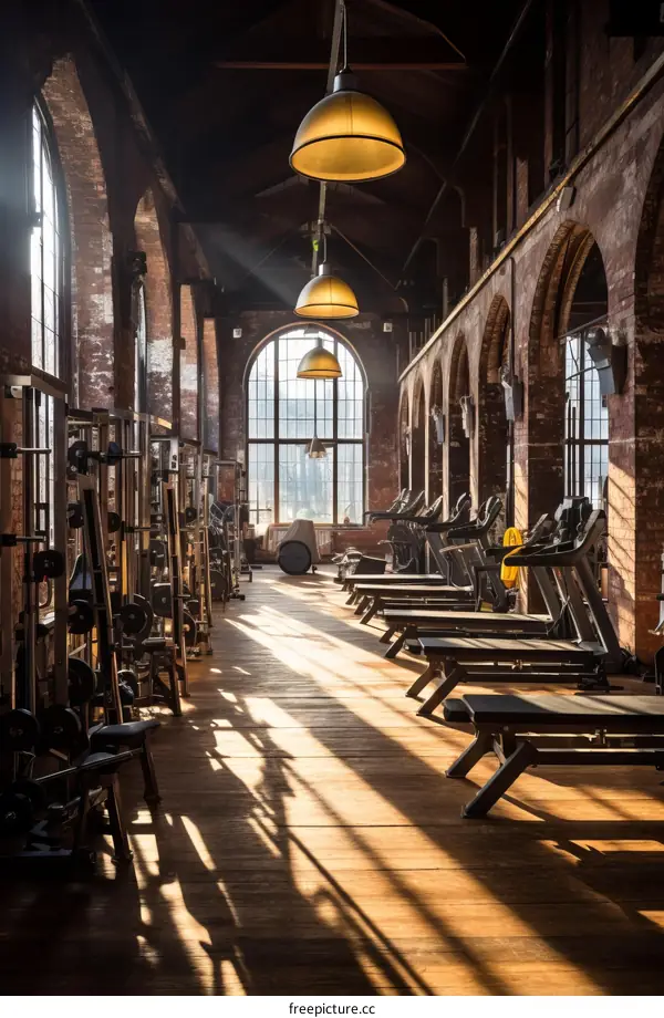 Vintage Industrial Style Empty Fitness Center Interior with Brick Walls and Large Windows