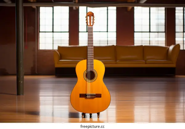 Classical Guitar on Display in a Room with Yellow Couch and Brick Walls