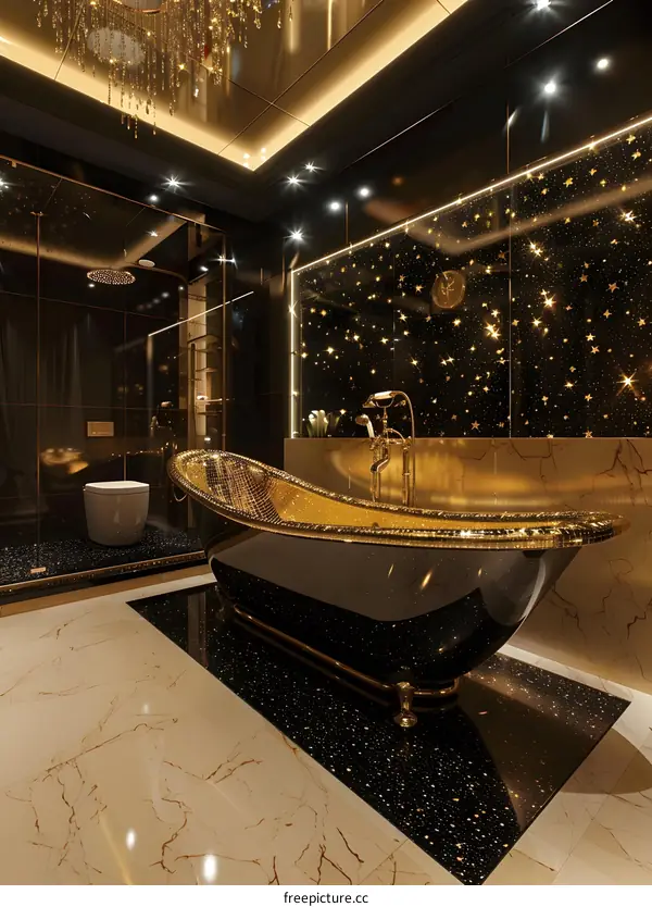 Luxury Bathroom Interior Design With Black And Gold Tub
