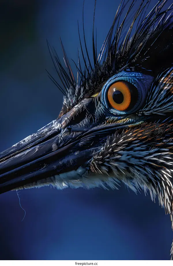 Close-up portrait of a bird with a bright orange eye