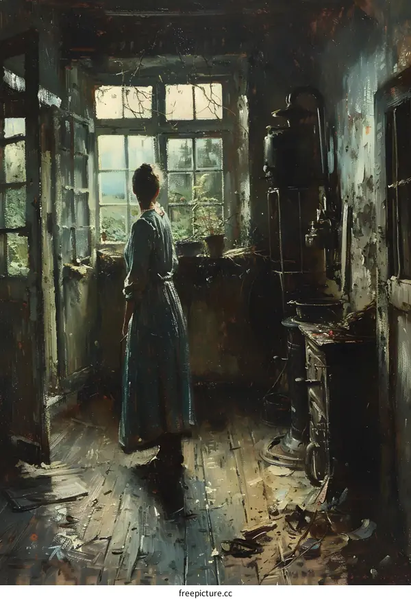 A woman standing in a room looking out the window