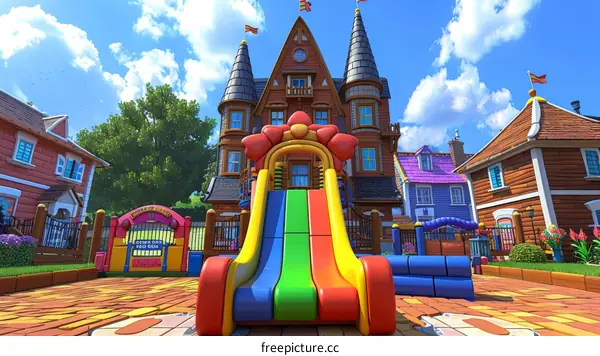 Colorful Playground with Slide, Swings, and Other Equipment
