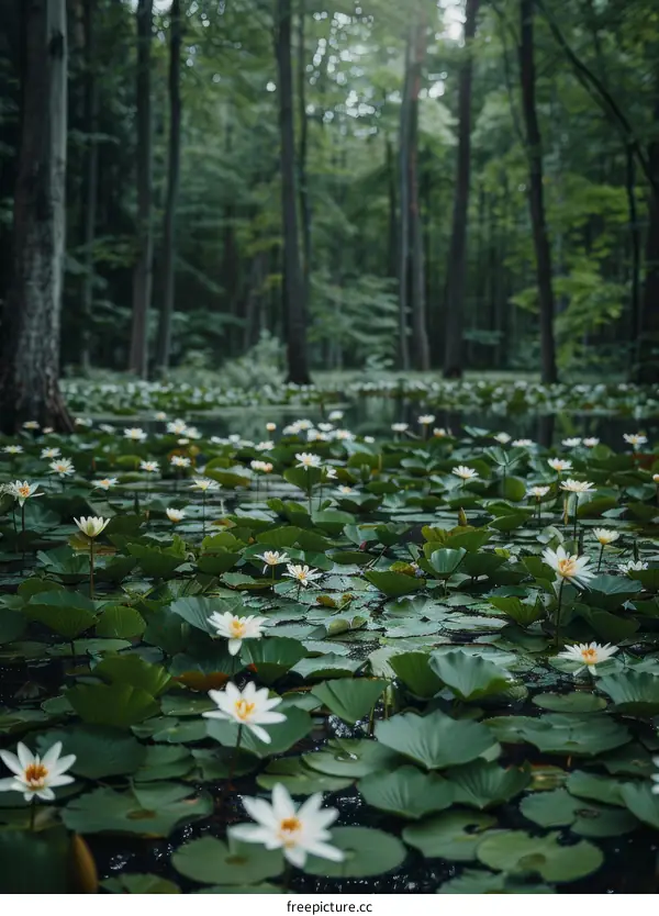 White water lilies in a dark forest