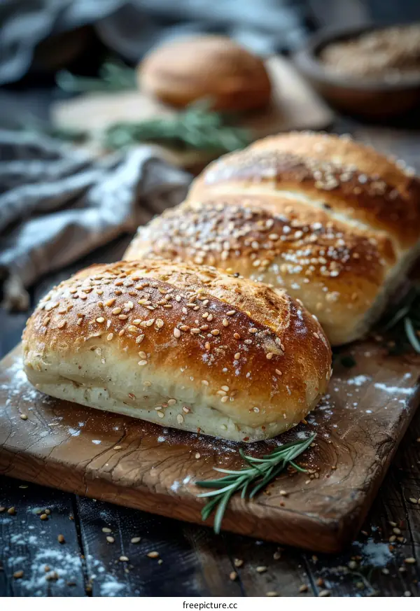 Sesame Bread Loaves on Rustic Wood