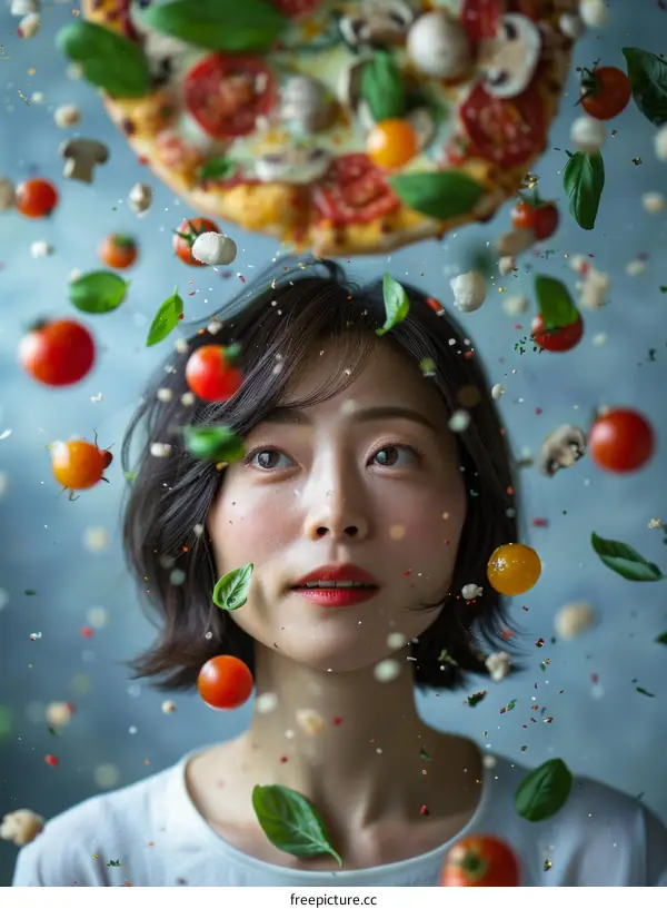 A woman standing in a kitchen with a pizza above her head