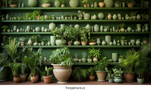An Abundance of Green in Pots and Vases of Various Sizes