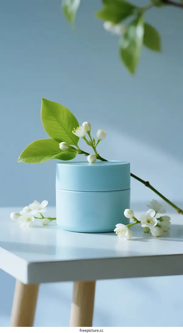 Blue jar with white flowers and green leaves on white table