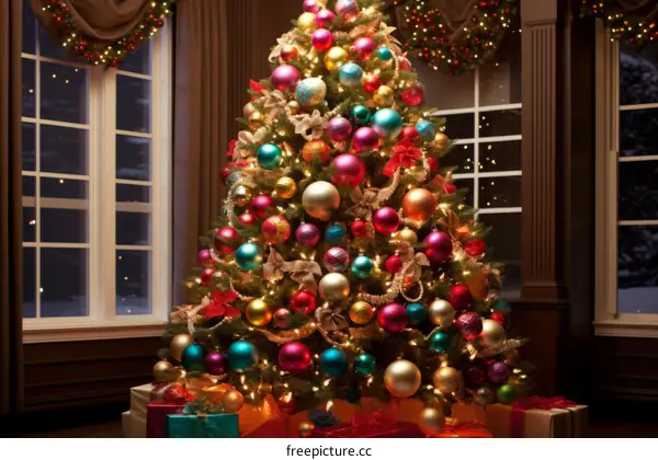 A beautifully decorated Christmas tree stands in a living room.