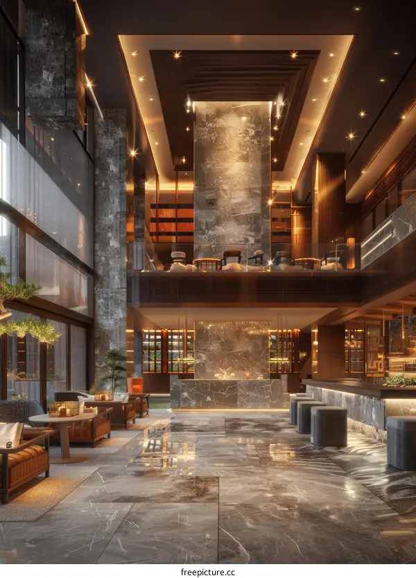 Chic Hotel Lobby with Marble Floor and Wood Ceiling