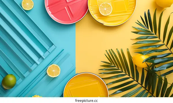 Summer Fruit Minimalist Flat Lay Photography with Palm Leaves and Plates