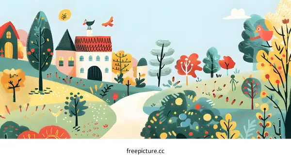 Colorful Illustration of a Small Town in a Forest