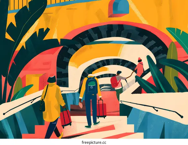 People Walking Through an Arched Passageway with Luggage and Backpacks