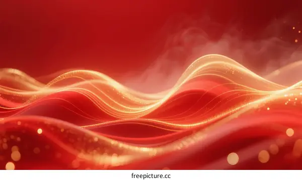 Elegant Red Background with Flowing Golden Wavy Lines and Sparkles