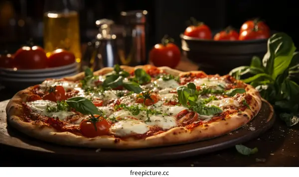 Delicious Pizza with Fresh Tomatoes, Basil, and Mozzarella Cheese