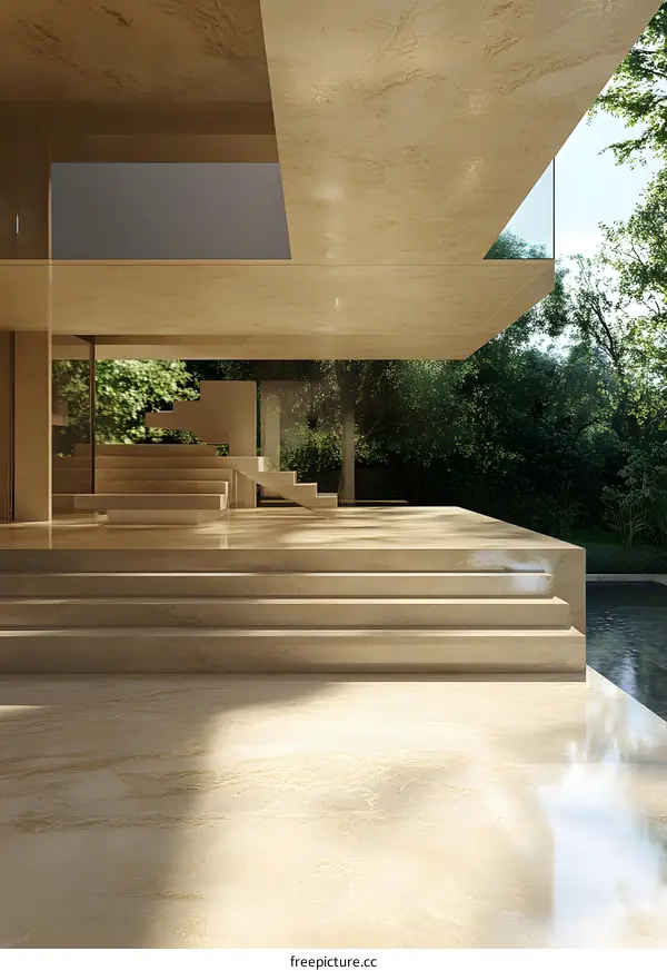 Modern House Exterior With Stone Steps And Swimming Pool