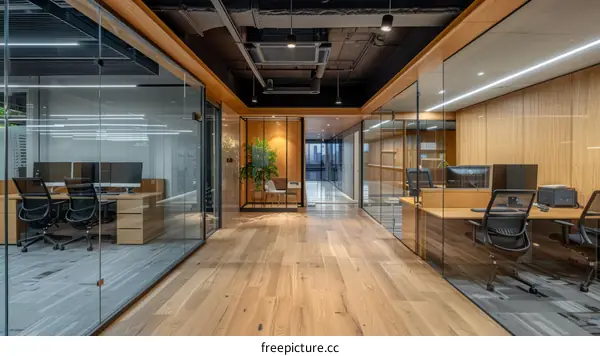 Modern Office Interior with Glass Walls and Wooden Flooring