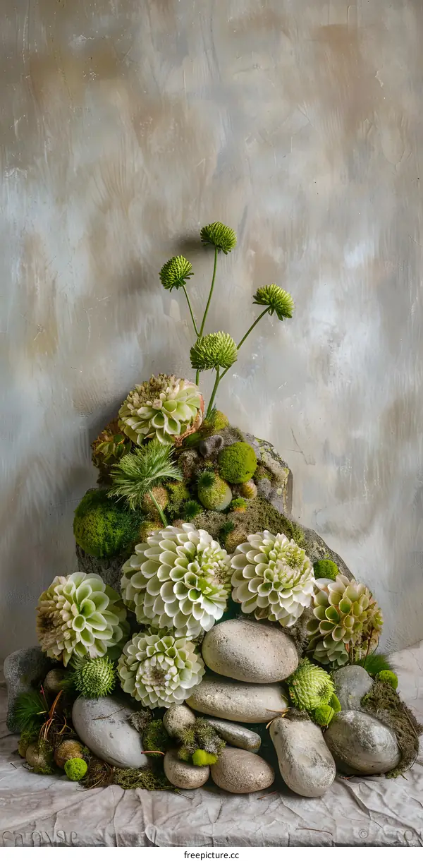 Green Flowers and Stones on Grey Background