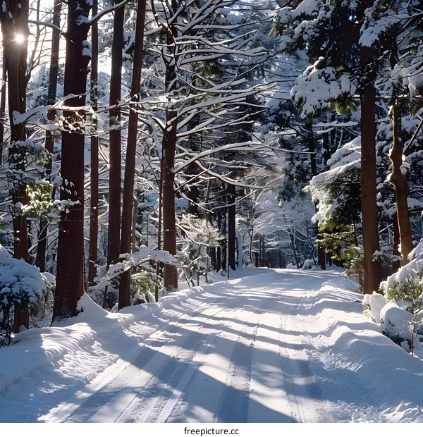 snow covered road in the woods