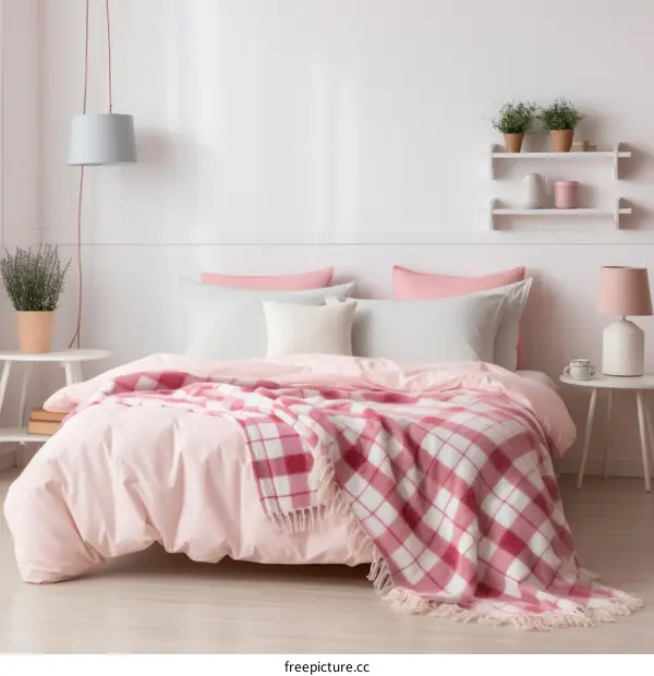 A cozy pink and white bedroom with a plaid blanket