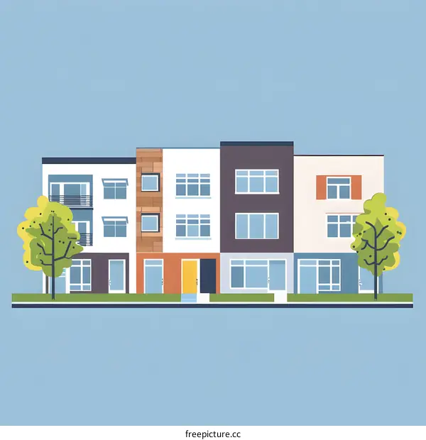 Row of Modern Townhouses with Green Trees