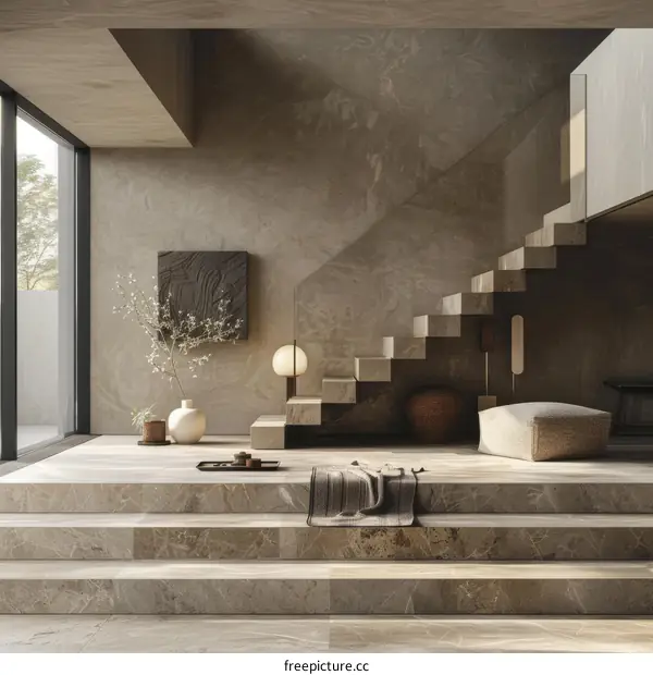 Modern Staircase with Marble Tiles and Minimalist Design