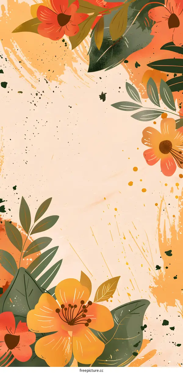 Floral Background with Orange Flowers and Green Leaves