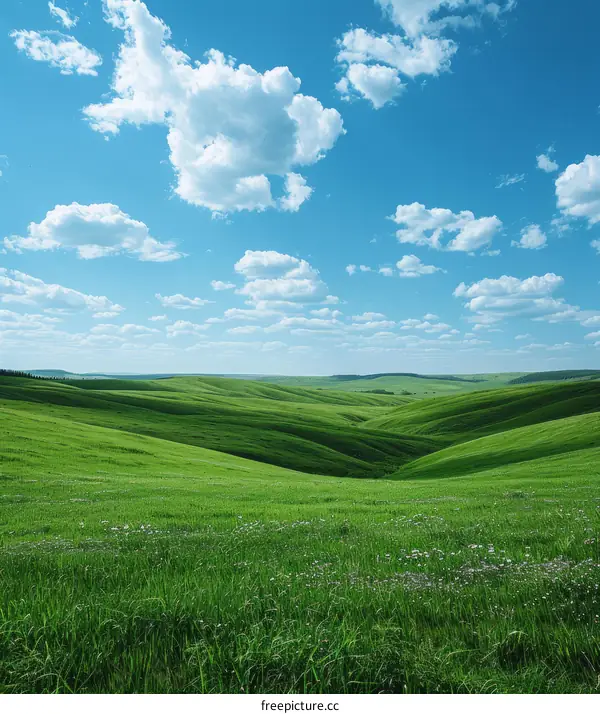 Rolling Green Hills Under Blue Sky with White Clouds