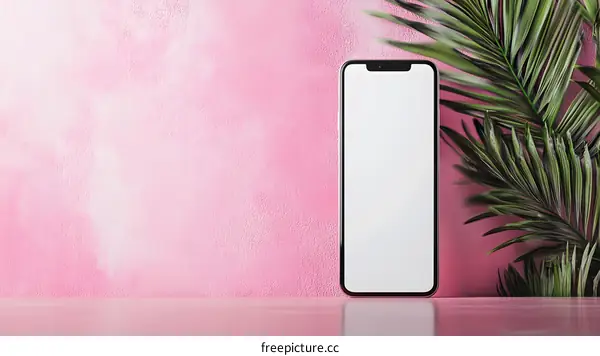 Mockup Phone On Pink Background With Palm Leaves