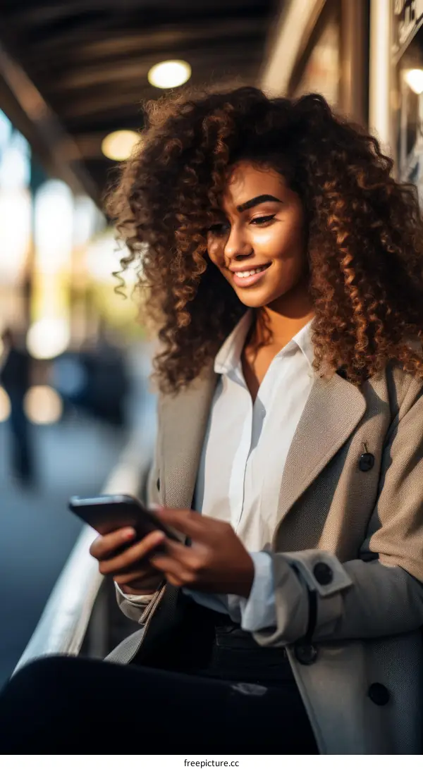 Smiling woman with curly hair texting on her phone