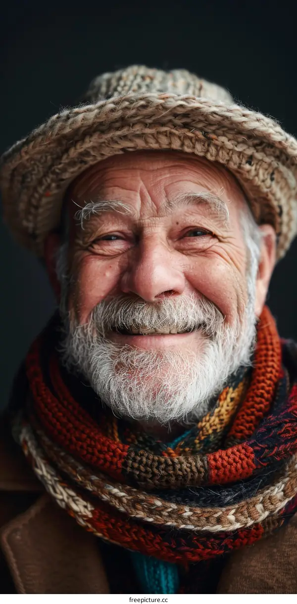 Portrait of a Smiling Senior Man Wearing a Knitted Hat and Scarf
