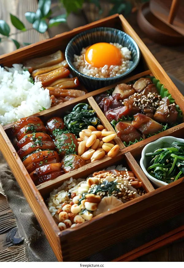 Japanese Bento Box with Various Dishes