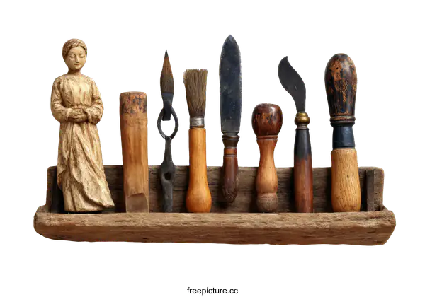 [Transparent Background PNG]Vintage Carving Tools and a Figurine Displayed on Rustic Shelf