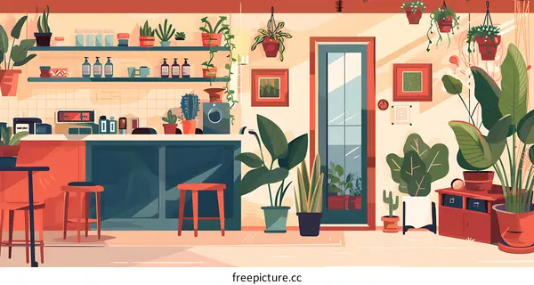 Minimalist Cafe Interior Design with Green Plants