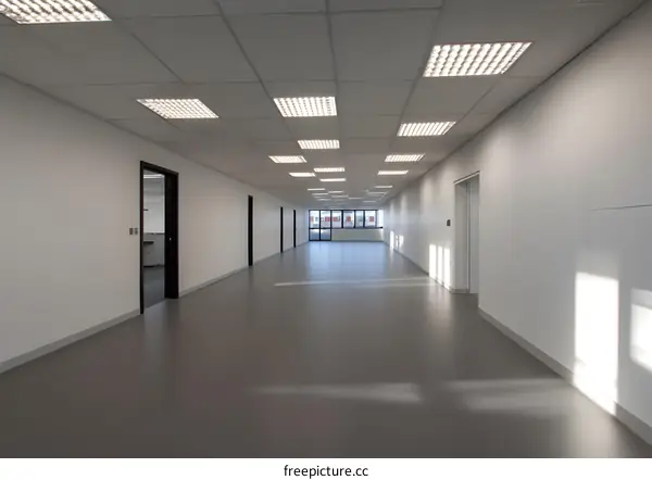 Empty Office Corridor With White Walls And Grey Floor