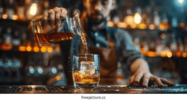 Whiskey being poured into a glass with ice