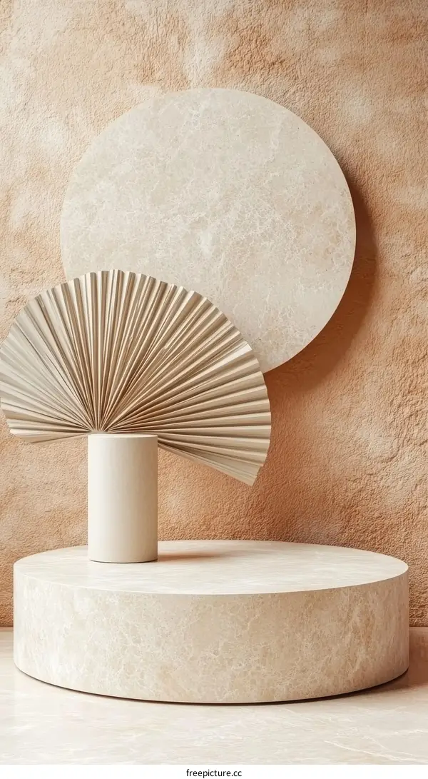 Beige Minimalist Display Podium with Decorative Fan