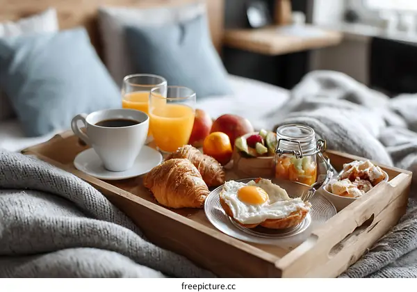 Breakfast Tray on a Bed with Coffee and Croissants