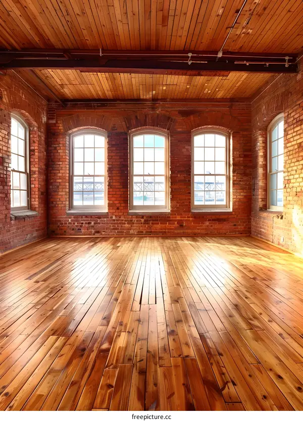 Empty Brick Room with Wooden Floor and Windows