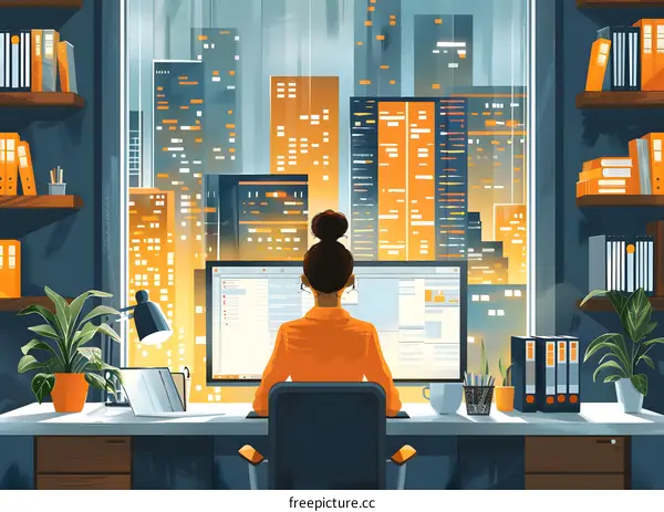 A woman is sitting at her desk looking at the city skyline.