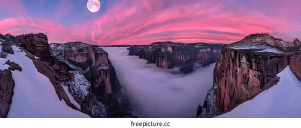 Mountain Peak with Pink Sunset Clouds and Full Moon