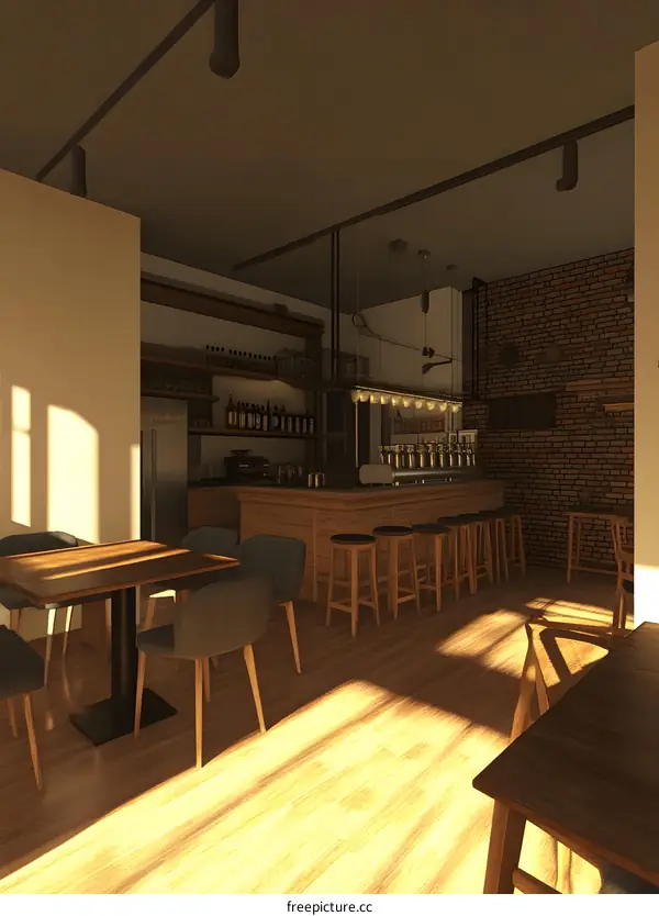 Modern Bar Interior Design with Wooden Bar and Brick Wall